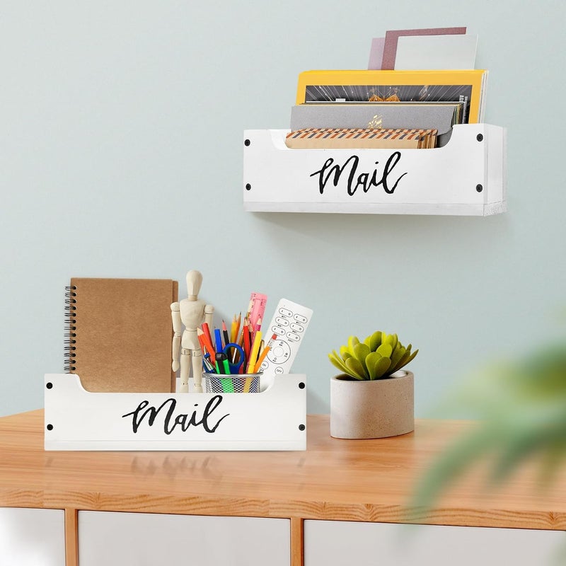 KISENG White Wooden Mail Organizer Countertop - Mail Organizer Wall Mounted, Office Mail Holder, Desktop Mail Basket for Counter, Letter Holder Box for Home Office Decor (White + Black, 3.15") - Image 5